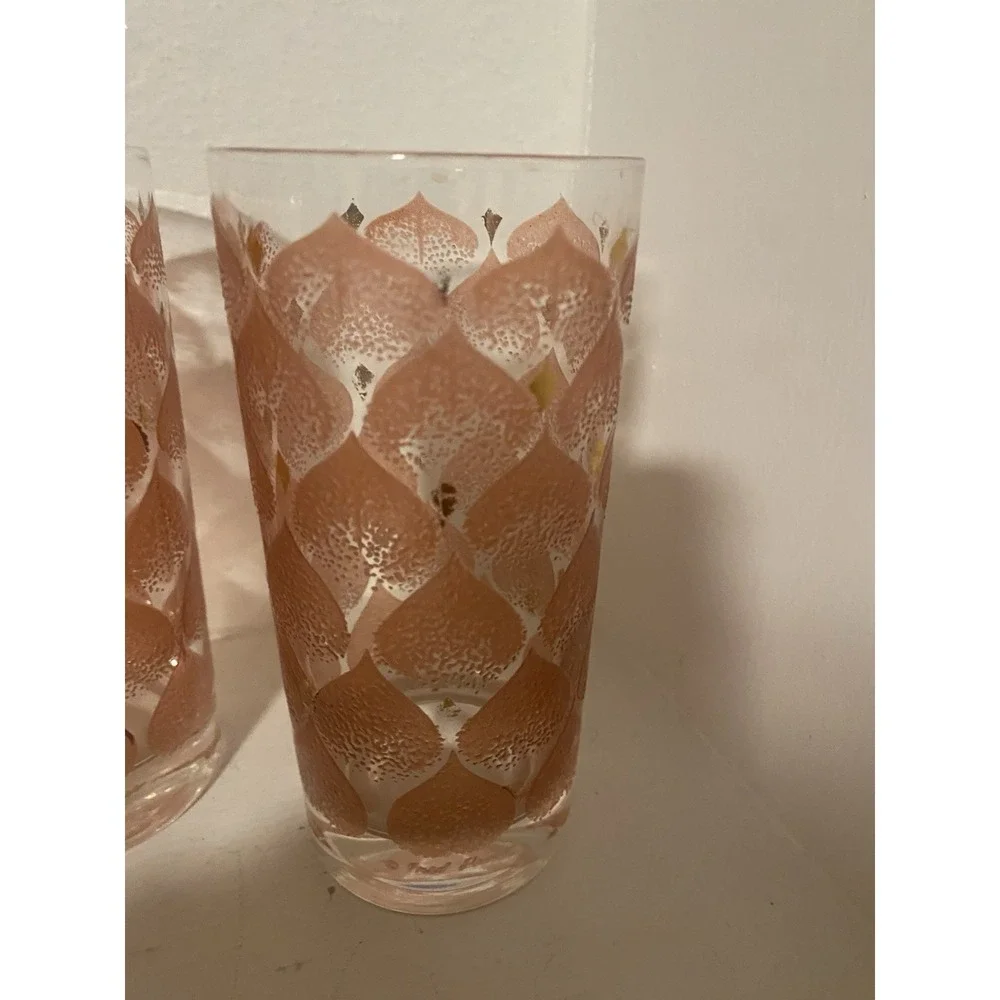 Vintage MCM Fred Press Glass Tumbler Set Of Four Pink And Gold High Ball Glasses